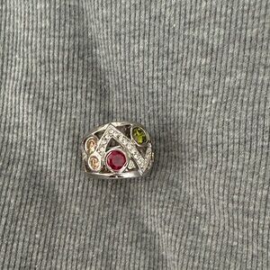 Touchstone Crystal Silver Ring with Red, Yellow, and Clear Accents